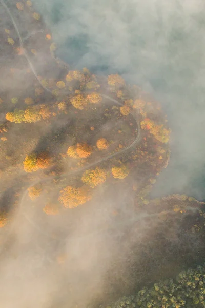 Obraz Lotu Ptaka Jesienny Krajobraz Natury Przez Mgliste Jezioro — Zdjęcie stockowe