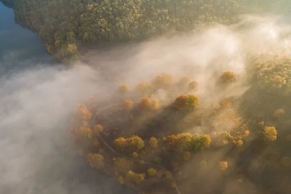 Flygbild Höstens Landskap Natur Vid Dimmig Sjö — Stockfoto