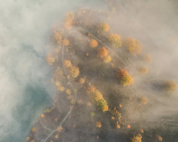 Luchtfoto Van Het Herfstlandschap Bij Het Mistige Meer Rechtenvrije Stockfoto's