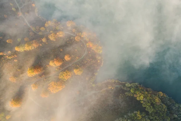 雾蒙蒙的湖畔的秋天自然景观的空中图像 免版税图库图片