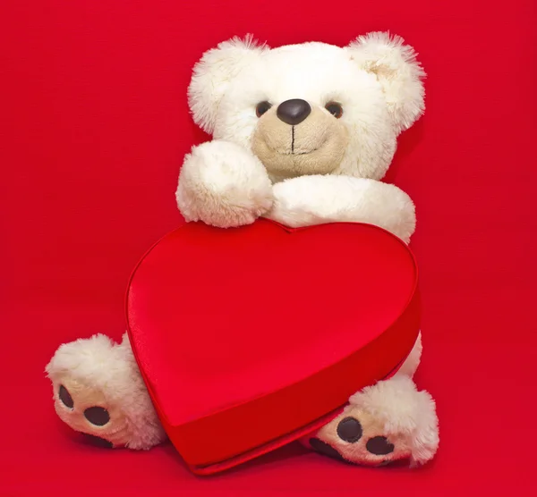 Teddy bear with gift box in heart shape