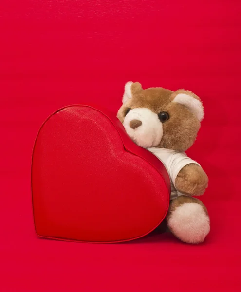 Teddy bear with gift box in heart shape — Stock Photo, Image