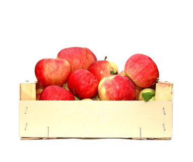 bir ahşap kutu içinde kırmızı elmalar
