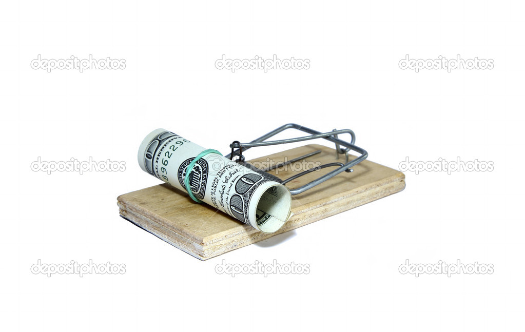 Charged mousetrap with bait in the form of hundred dollar bills