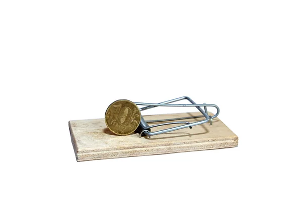 Charged mousetrap with bait in the form of copper coin — Stock Photo, Image