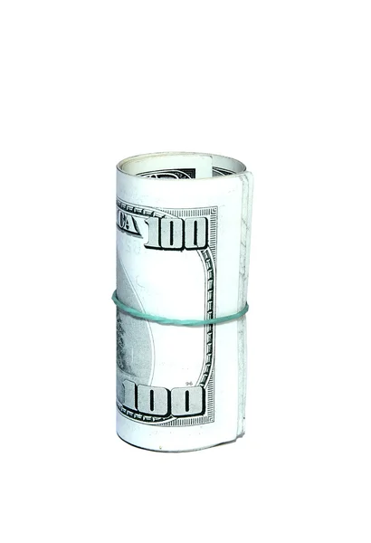 Banconote da cento dollari piegate in un rotolo isolato — Foto Stock