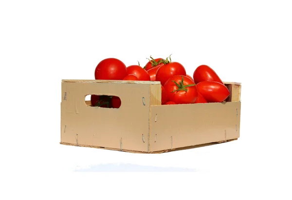 Tomates rojos en una caja de madera aislada —  Fotos de Stock