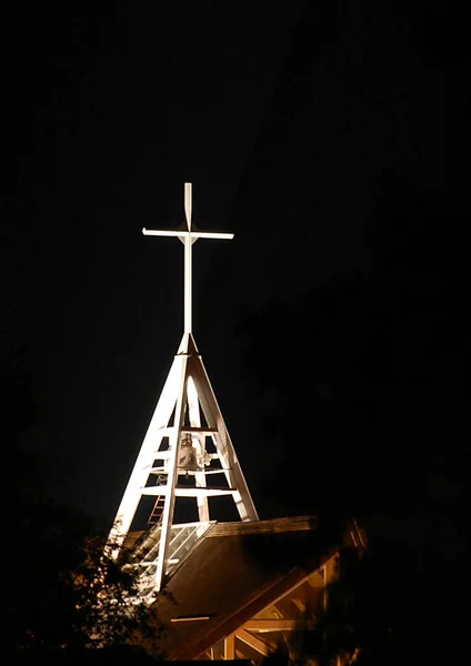 Steeple Lithuanian Church Stands Out Brightly Lit Night Sky — Photo