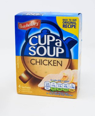 Reading, United Kingdom - January 16 2022 -  A box of 4 sachets of Bachelors Chicken Cup a soup