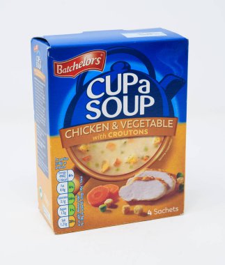 Reading, United Kingdom - January 16 2022 -  A box of 4 sachets of Bachelors Chicken and vegetable Cup a soup