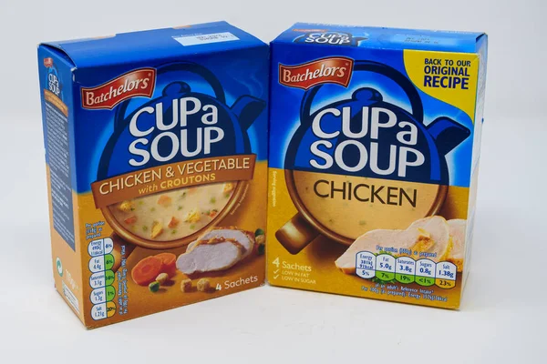Reading, United Kingdom - January 16 2022 -  Two boxes of Bachelors  Cup a soup, Chicken and vegetable, and chicken