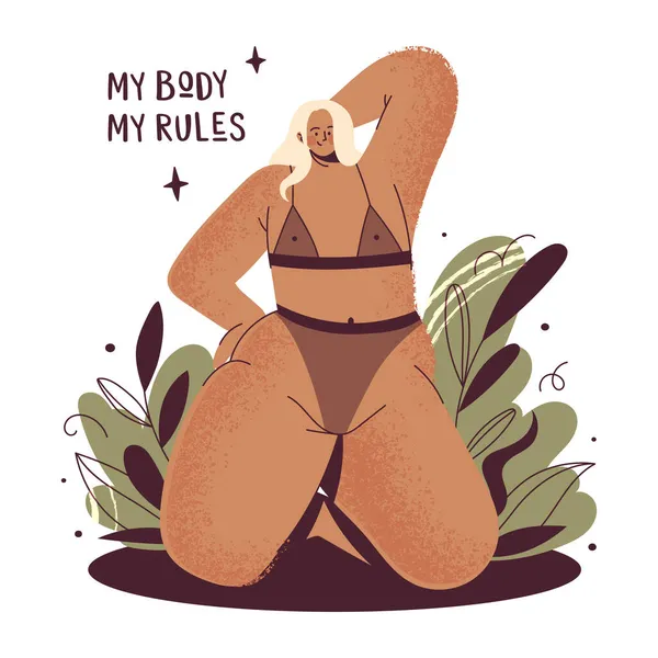 Chica del cuerpo positivo. Texto dibujado a mano Mi cuerpo Mis reglas. Más tamaño mujer. — Archivo Imágenes Vectoriales