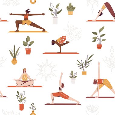 Çizgi filmdeki kadın karakterlerin yoga pozları ve meditasyon yaptığı kusursuz bir düzen. Yoga yapan, meditasyon yapan ve esneme hareketleri yapan genç kadınlar. Sağlıklı bir yaşam tarzı. Yoga stüdyosunda ya da evde yoga..