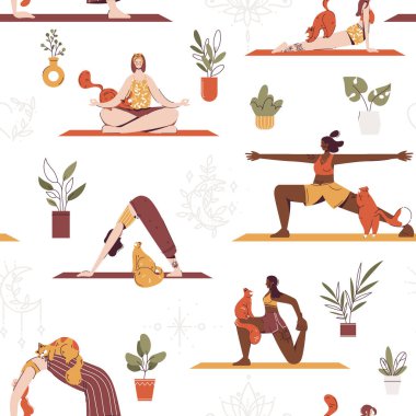 Çizgi filmdeki kadın karakterlerin yoga pozları ve kedilerle meditasyon yaptıkları kusursuz bir düzen. Yoga yapan, meditasyon yapan ve evde esneme hareketleri yapan genç kadınlar. Sağlıklı yaşam tarzı
