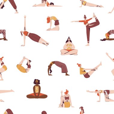 Çizgi filmdeki kadın karakterlerin yoga pozları ve meditasyon yaptığı kusursuz bir düzen. Yoga yapan, meditasyon yapan ve esneme hareketleri yapan genç kadınlar. Sağlıklı bir yaşam tarzı. Yoga stüdyosunda ya da evde yoga..