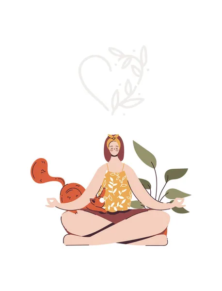 Yoga com gato. Mulher sentada em postura de lótus padmasana, meditando e relaxando em casa com plantas. — Vetor de Stock