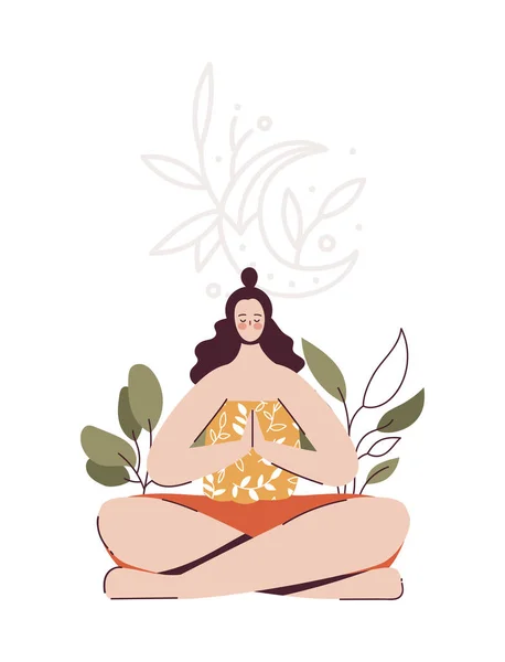 Young woman doing yoga exercises, practicing meditation and stretching. Female character in padmasana lotus pose in yoga studio or home with plants — Stock Vector