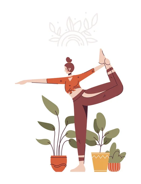 Молодая женщина занимается йогой, практикует медитацию и растяжку. Женский персонаж в Natarajasana позирует в студии йоги или дома с растениями. — стоковый вектор