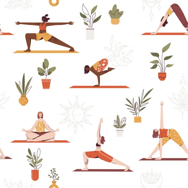 Çizgi filmdeki kadın karakterlerin yoga pozları ve meditasyon yaptığı kusursuz bir düzen. Yoga yapan, meditasyon yapan ve esneme hareketleri yapan genç kadınlar. Sağlıklı bir yaşam tarzı. Yoga stüdyosunda ya da evde yoga..