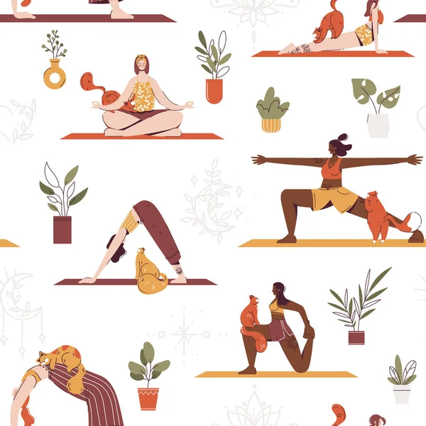 Çizgi filmdeki kadın karakterlerin yoga pozları ve kedilerle meditasyon yaptıkları kusursuz bir düzen. Yoga yapan, meditasyon yapan ve evde esneme hareketleri yapan genç kadınlar. Sağlıklı yaşam tarzı