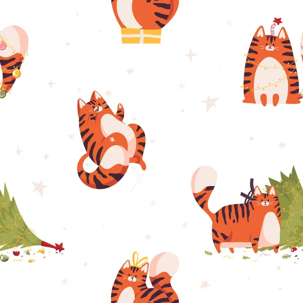 Nytt år sömlöst mönster med söt tiger. Kinesisk nyårssymbol. Snoflingor och julgran. — Stock vektor