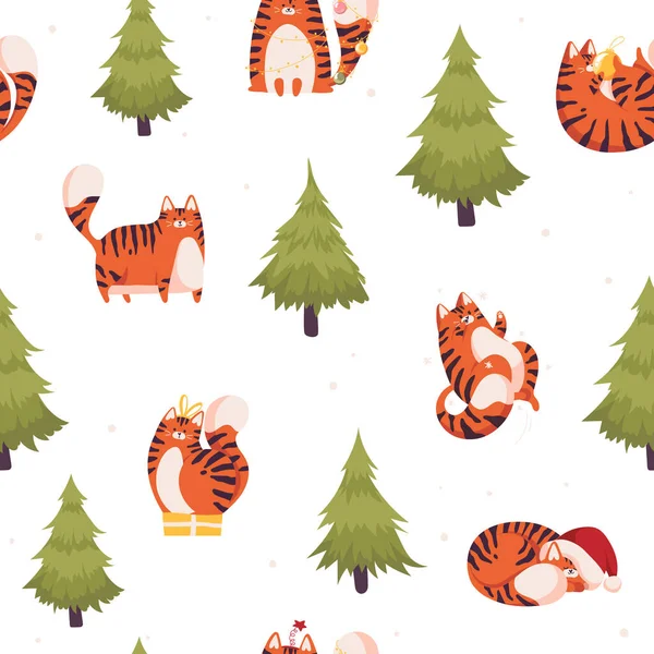 Nytt år sömlöst mönster med söt tiger. Kinesisk nyårssymbol. Snoflingor och julgran. — Stock vektor