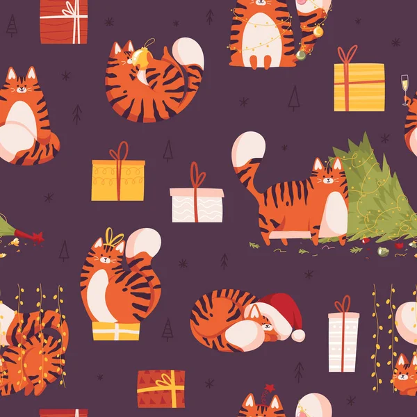 Nytt år sömlöst mönster med söt tiger. Kinesisk nyårssymbol. Snoflingor, presentaskar och julgran. — Stock vektor