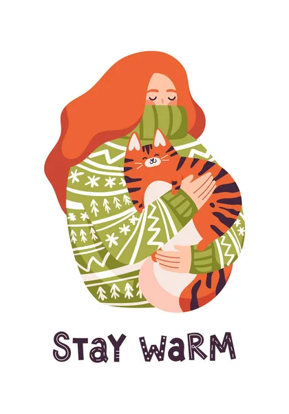 Cartão de saudação de ano novo com tigre bonito. Menina segurando um gato em seus braços. Símbolo de ano novo chinês. Letras de texto Mantenha-se quente. — Vetor de Stock
