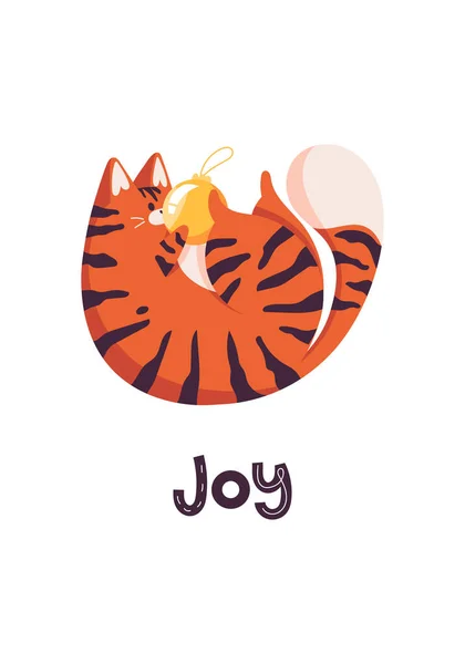 Nuovo anno biglietto di auguri con tigre carino. Gatto che gioca con la palla di Natale. Simbolo cinese di Capodanno. Testo lettering Gioia. — Vettoriale Stock