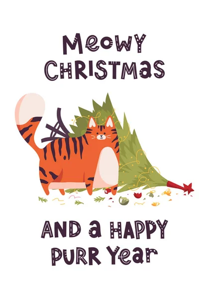 Новогодняя открытка с милым тигром. Кошка напала и уронила рождественскую ёлку. Китайский новогодний символ. Текст с мяукающим Рождеством и счастливым мурлыкающим годом. Лицензионные Стоковые Векторы