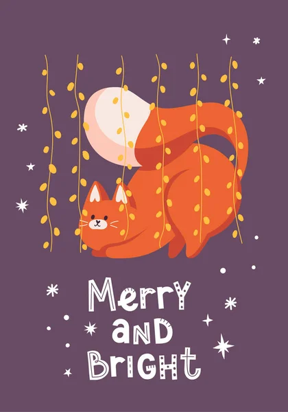 Nouvelle carte de voeux de l'année avec chat mignon jouer avec guirlande. Lettrage texte Merry and Bright. — Image vectorielle
