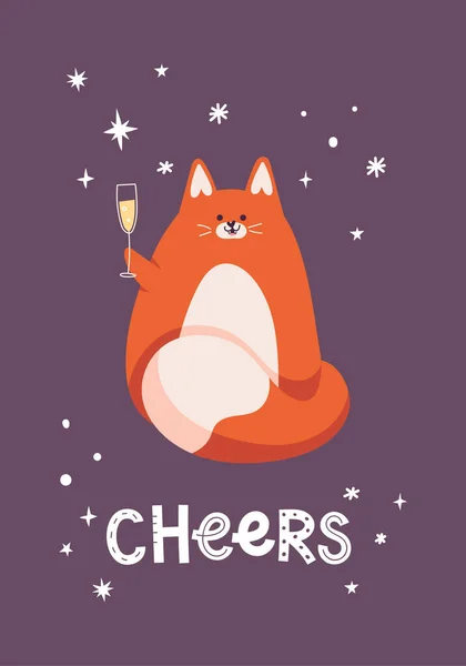 New year greeting card with cute cat raises a glass. Text lettering Cheers. — Stock Vector