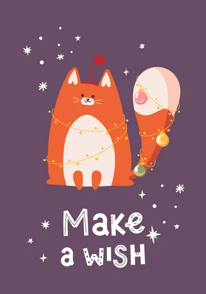 Nouvelle année carte de voeux avec chat mignon est décoré avec des décorations de Noël. Lettrage texte Faire un vœu. — Image vectorielle
