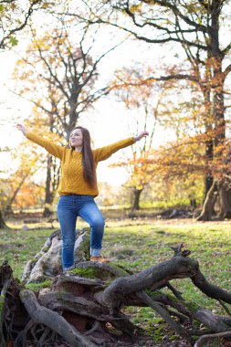 Güneşli sonbahar ormanlarında ağaç kökleri üzerinde duran sarı kazaklı Avrupalı beyaz kadın.