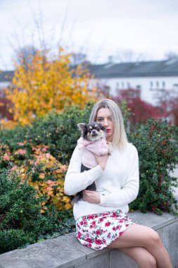 Beyaz, Avrupalı, sarı saçlı, çiçekli etekli, beyaz kazaklı, elinde küçük bir köpek tutan genç bir kadın.