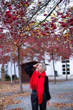 Sonbaharda kırmızı eşarplı, sarı saçlı beyaz Avrupalı kadını arıyorum.