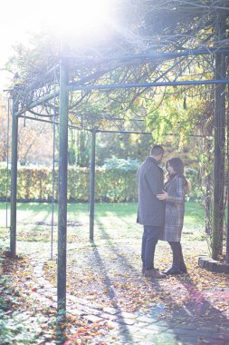 Güneş ışığında parktaki siyah saçlı genç Avrupalı erkek ve kadını kucaklamak