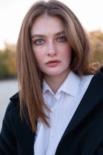 Portrait Attractive Long Straight Haired White European Woman Dark Coat — Stock Photo, Image