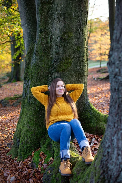 穿着黄色毛衣的年轻的欧洲白人妇女 手反着头 坐在阳光灿烂的秋天森林里的树干旁边 — 图库照片