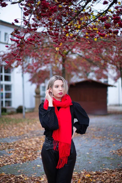 European White Young Woman Blonde Hair Red Scarf Autumn — 图库照片