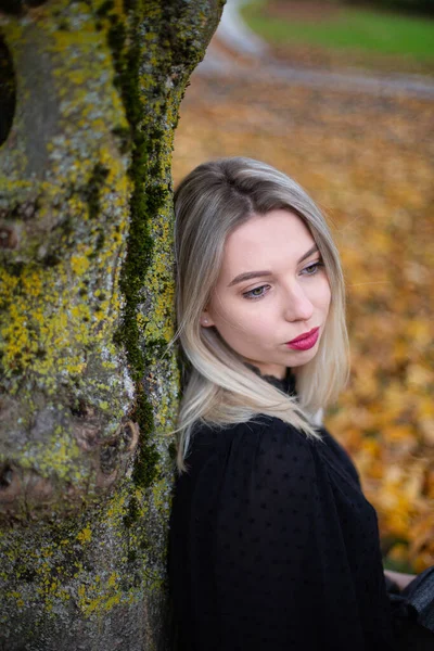 Portret Białej Młodej Europejki Blond Włosami Przy Drzewie Jesiennym Lesie — Zdjęcie stockowe