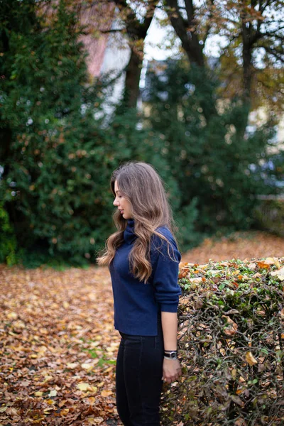 Hezká Mladá Evropanka Tmavomodrém Svetru Dlouhými Kudrnatými Vlasy Podzimním Parku — Stock fotografie