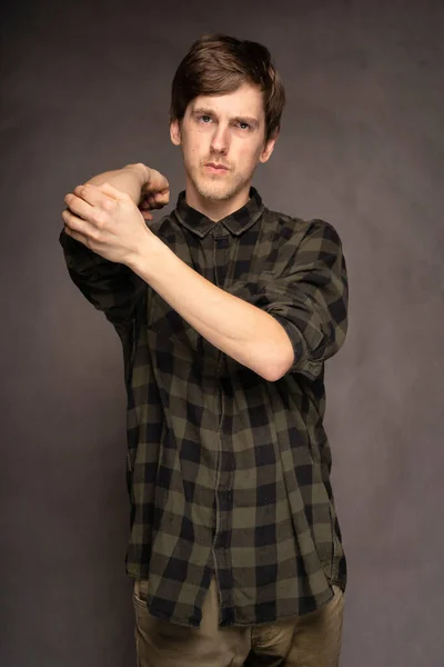 Young Handsome Tall Slim White Man Brown Hair Stretching Flannel — Photo