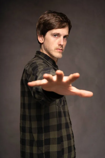 Young Handsome Tall Slim White Man Brown Hair Reaching Out — Fotografia de Stock