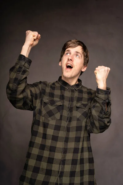Young Handsome Tall Slim White Man Brown Hair Cheering Flannel — Fotografia de Stock