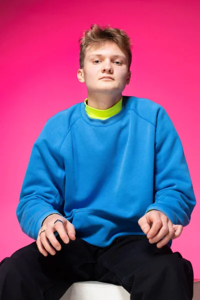 Young European Boy White Skin Isolated Pink Blue — Fotografia de Stock