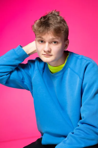 Young European Boy White Skin Isolated Pink Blue Hoody — Stock Photo, Image