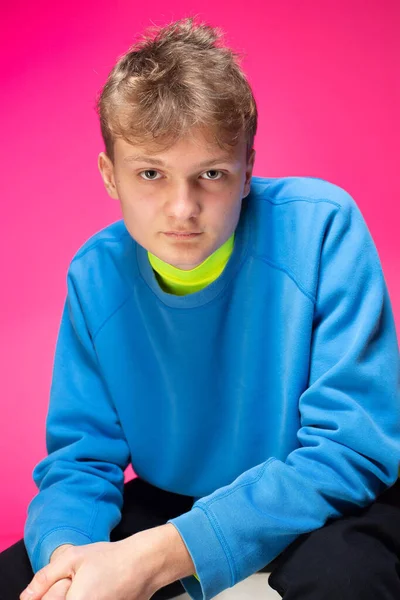 Young European Boy White Skin Isolated Pink Blonde Hair — Stockfoto