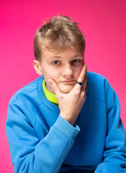 Young European Boy White Skin Isolated Pink Blonde Hair — Stockfoto