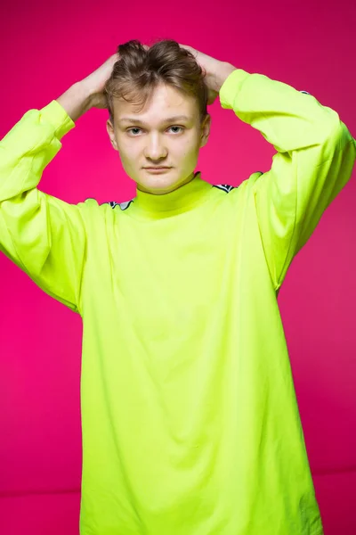 Young European Boy White Skin Isolated Pink Blond Hair Hands — Stockfoto